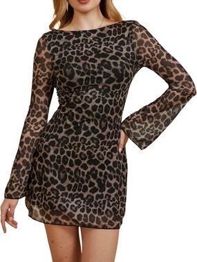 Leopard Print Long Sleeve Mini Dress - Brown/Black
